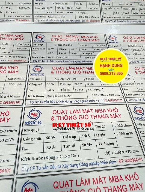 Tem bạc thông số quạt làm mát &amp; thông gió thang máy, Decal bạc in laser, bế chừa viền - INKTS2868