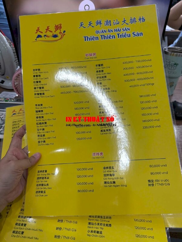 In tờ menu quán hải sản song ngữ Việt Trung, in menu giấy ép plastic khổ A3 - INKTS2919