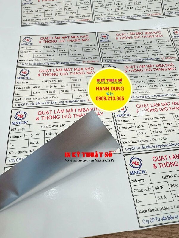Tem bạc thông số quạt làm mát &amp; thông gió thang máy, Decal bạc in laser, bế chừa viền - INKTS2868