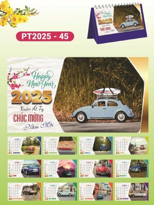 Nơi in lịch để bàn chữ A thiết kế chủ đề Xế cổ Xe con bọ - Mã PT2025-45 - INKTS2349