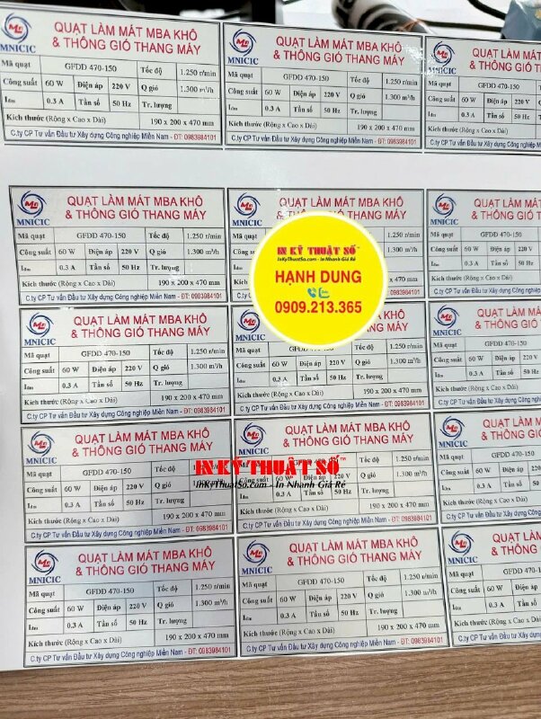 Tem bạc thông số quạt làm mát &amp; thông gió thang máy, Decal bạc in laser, bế chừa viền - INKTS2868