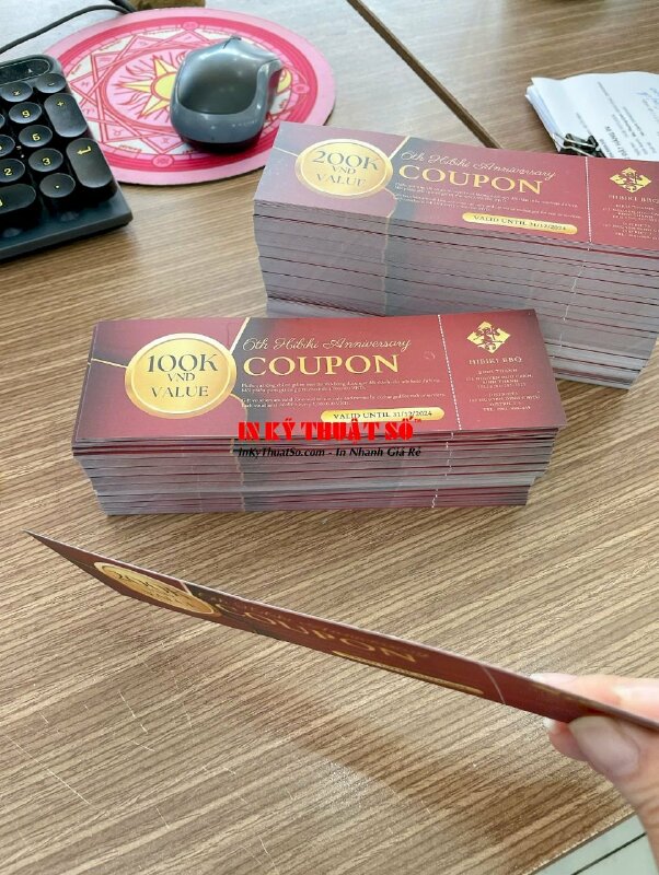 In Coupon phiếu quà tặng nhân kỷ niệm 6th Anniversary, in gift voucher song ngữ Việt - Anh - INKTS2892