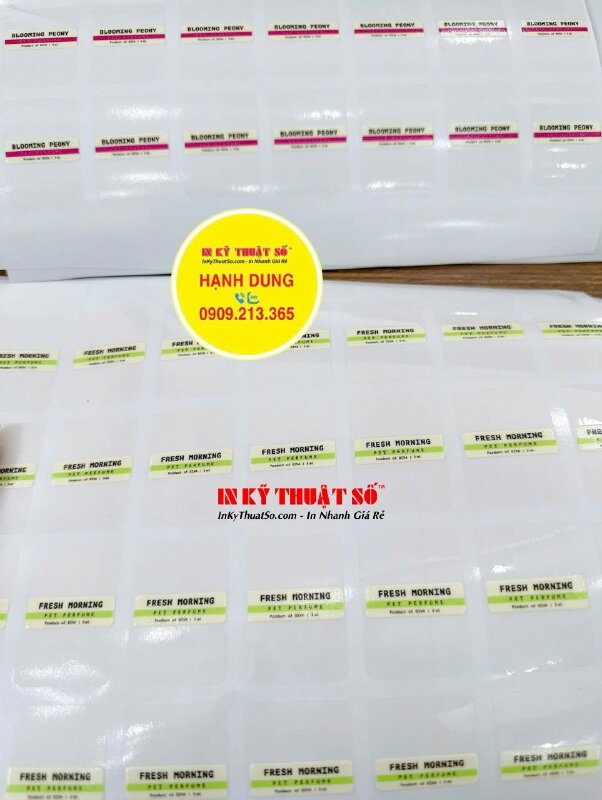 In tem dán chai nước hoa thú cưng, in tem Decal trong in UV lót trắng vị trí in, bế theo viền - INKTS2953