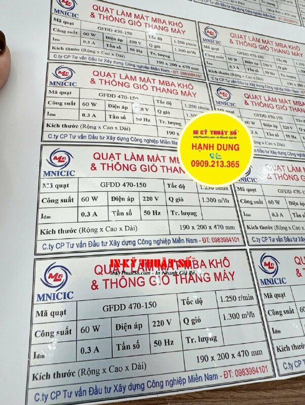 Tem bạc thông số quạt làm mát &amp; thông gió thang máy, Decal bạc in laser, bế chừa viền - INKTS2868