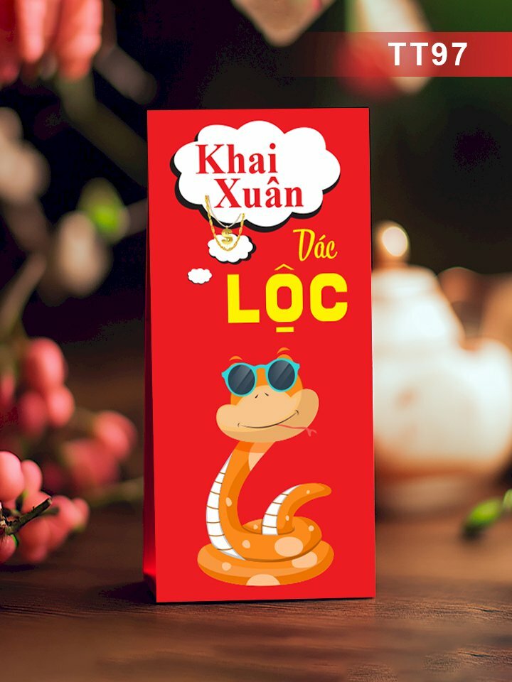 In bao lì xì Tết Đoàn Viên thiết kế mẫu bánh chưng xanh, mai vàng, đào hồng, phong bao đỏ - Mã NH98 - INKTS2712