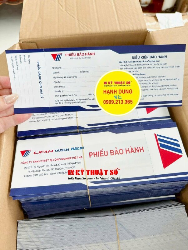 In phiếu bảo hành thiết bị máy công nông nghiệp, in Offset 2 mặt, cấn răng cưa 1 đường - INKTS2995
